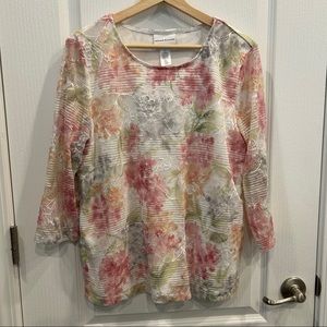 Alfred Dunner L Floral Lace Top Pink Multicolor 3/4 Slv. Feminine Stretch